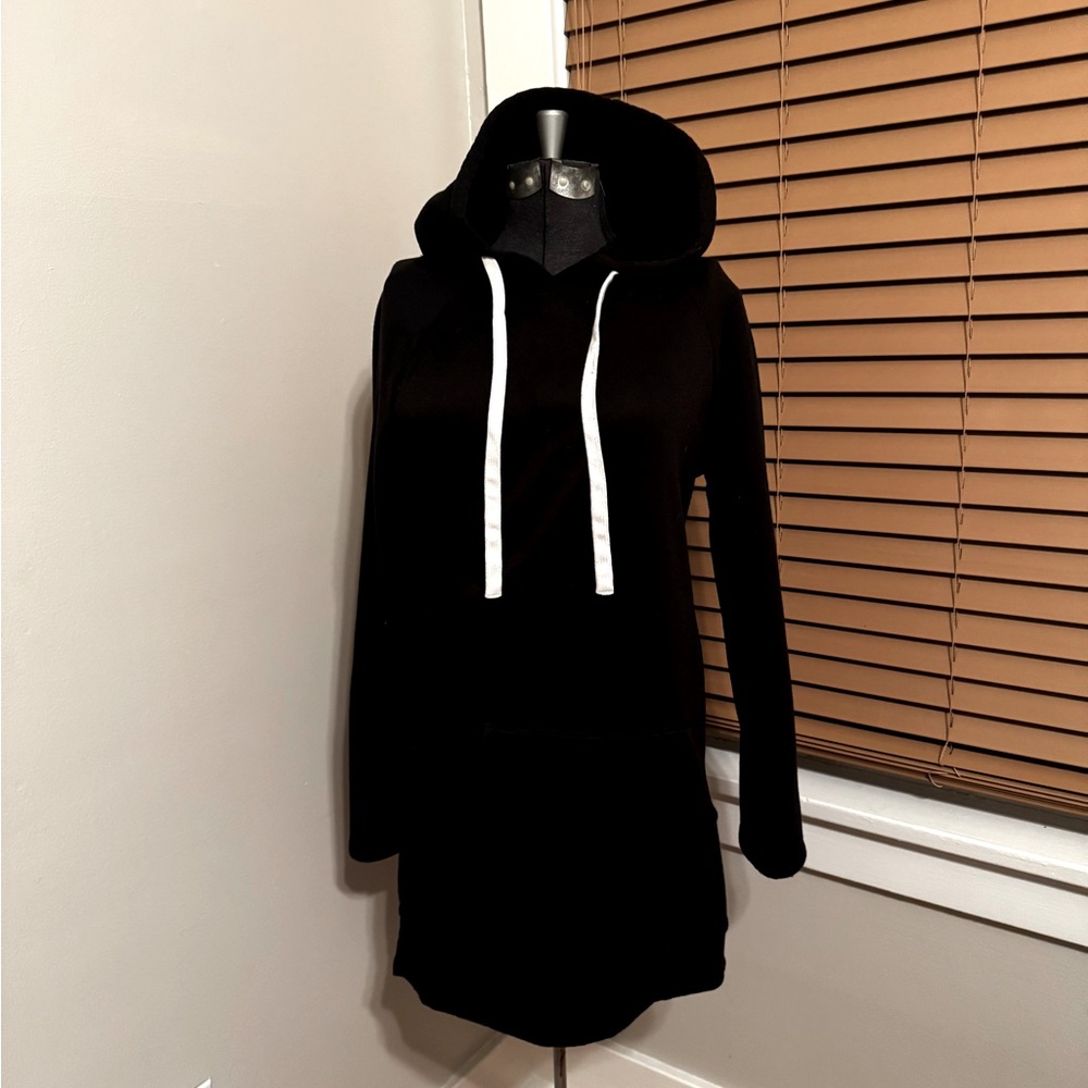 Casual Pullover Sweatshirt Long Sleeve Split Hem Hoodie Dress w/ Kangaroo Pocket